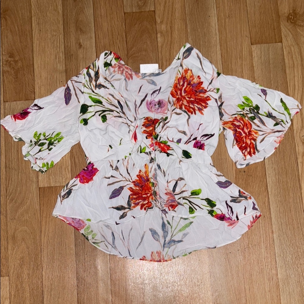 THE ROOM White, Red and Pink Ruffled Floral Peplum Blouse